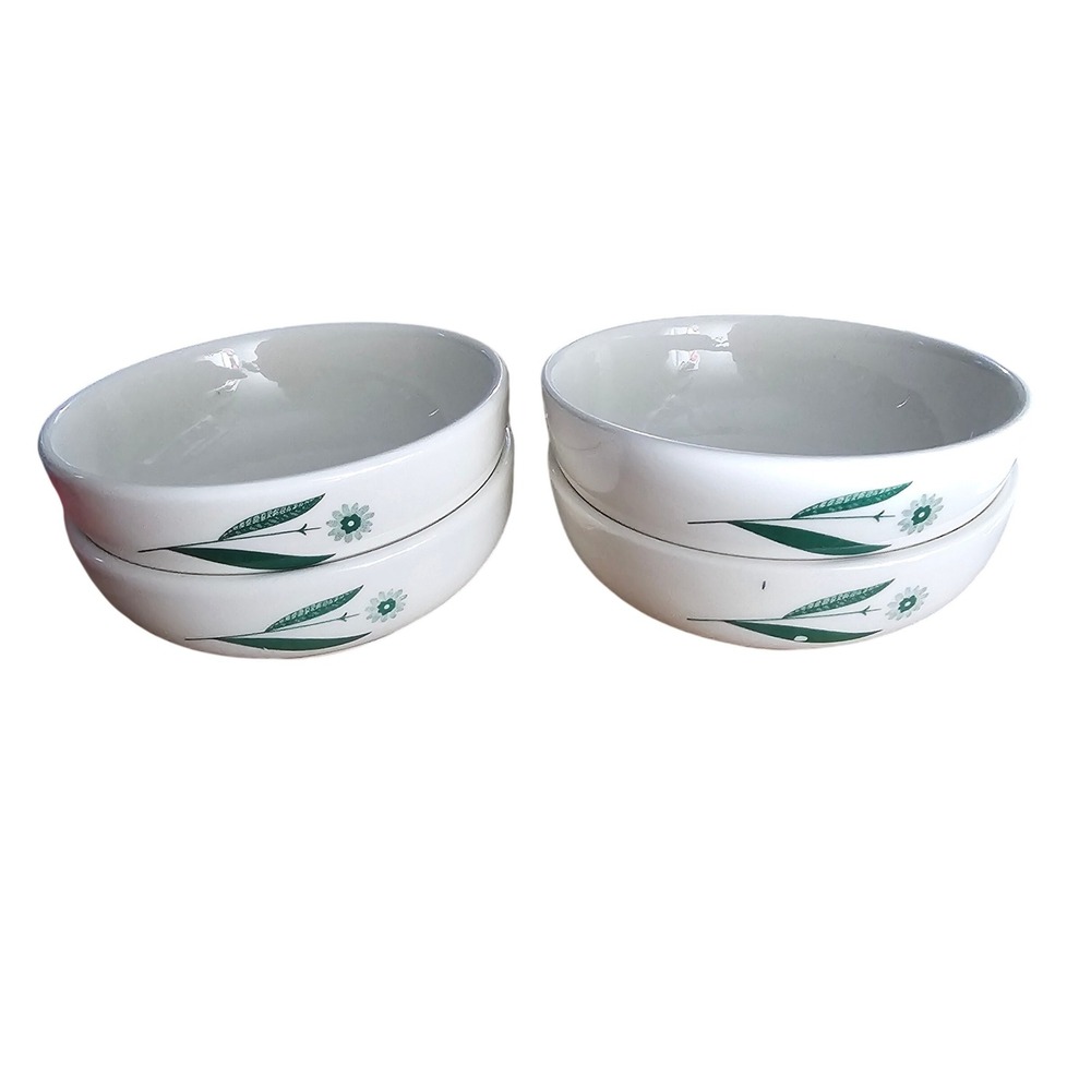 Homer Laughlin Best‎ China Green Floral Daisy Bowls Set of 4 White Ceramic USA